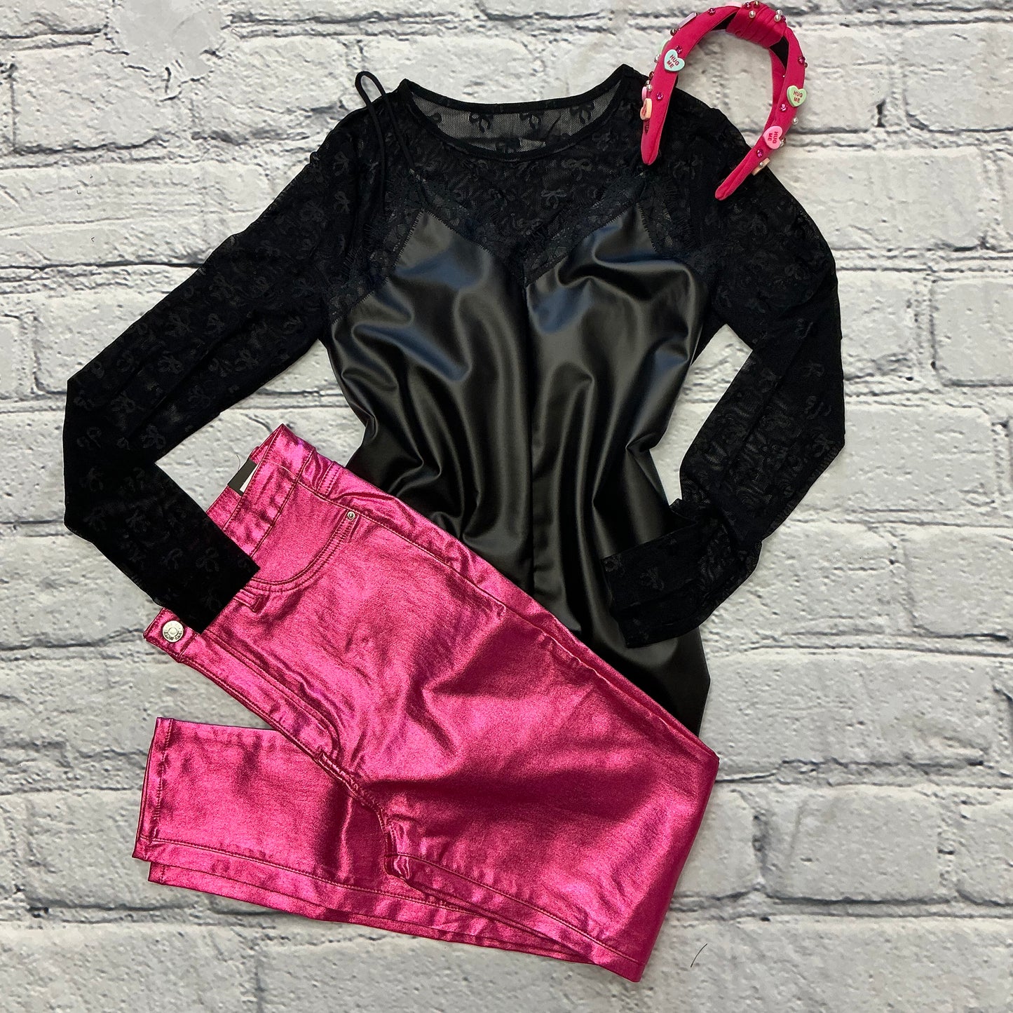 Black Mesh Bow Pattern Long Sleeve Top