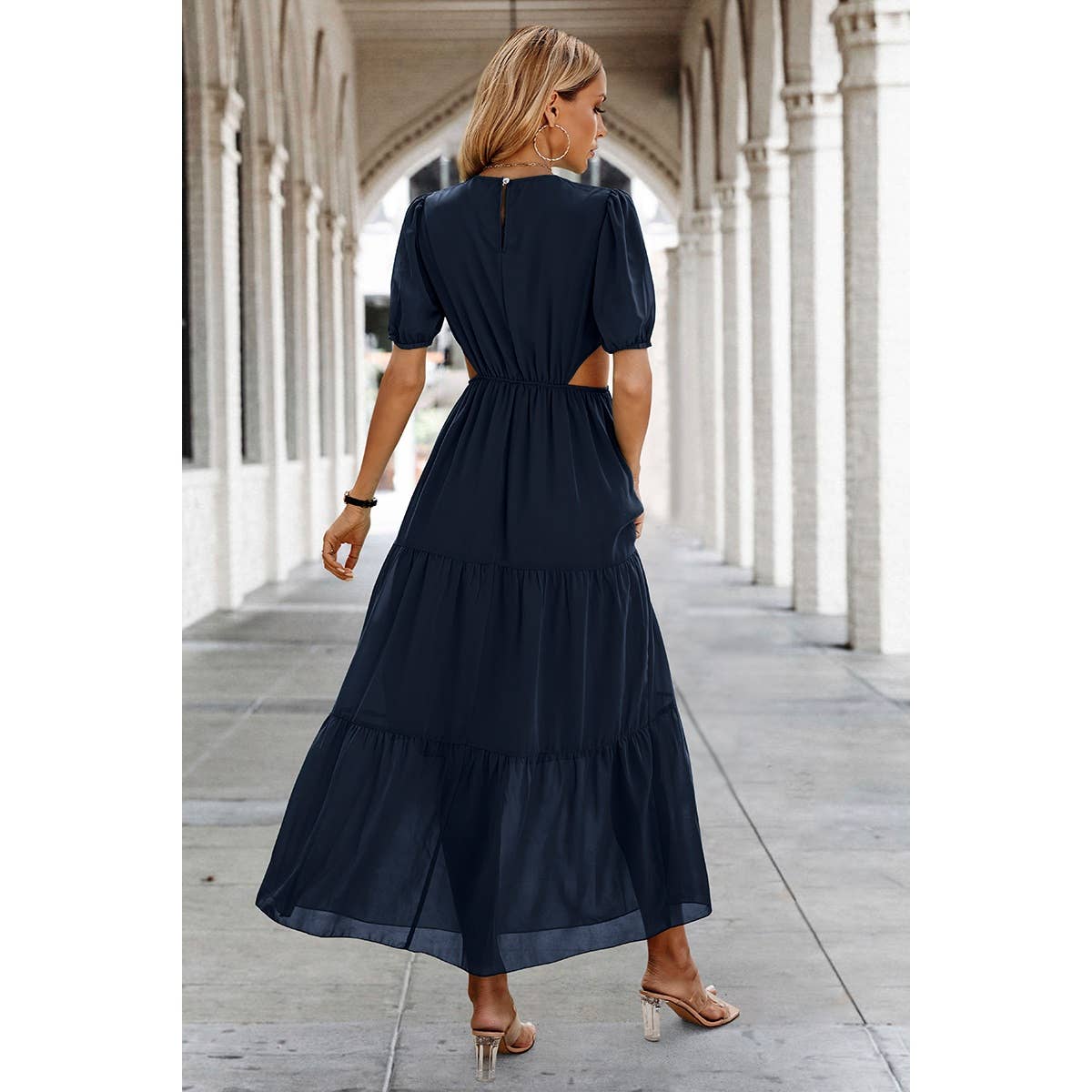Cut Out Waist Ruffle Hem Puff Sleeves Fit Dress