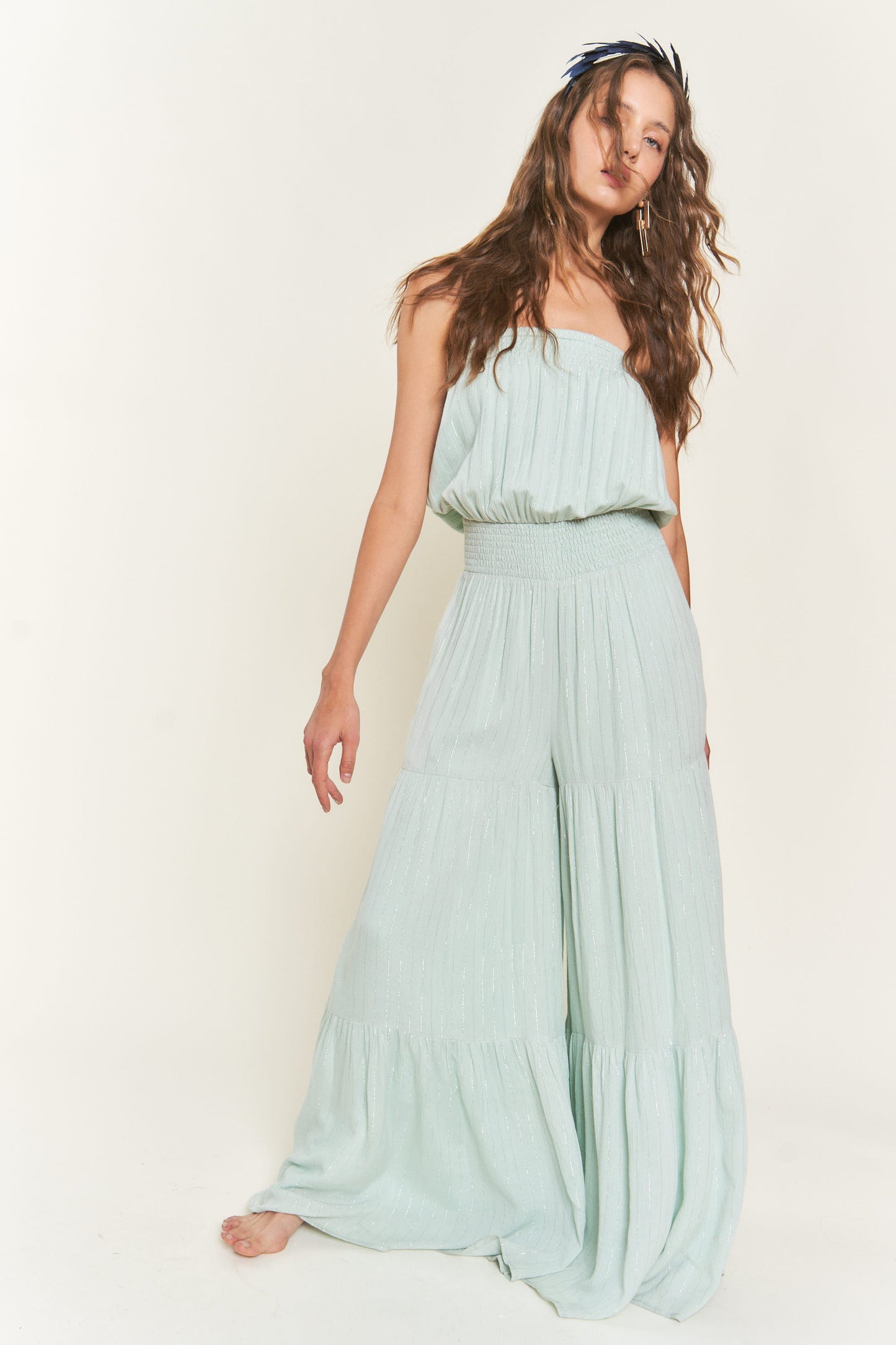 Lurex Retro Smocking Full Length Jumpsuit