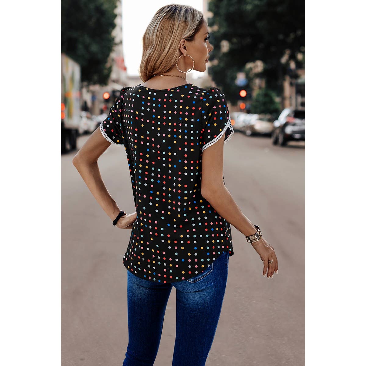 Round Neck Polka Dot Print Petal Sleeve Blouse