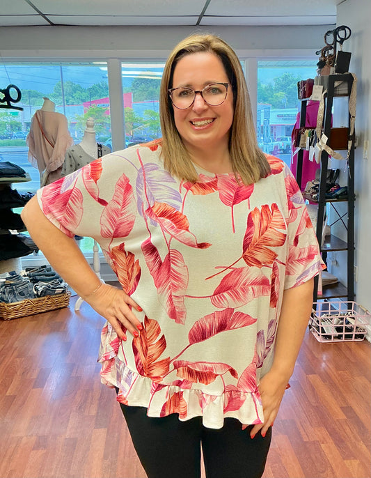 Relaxed Chenille Leaf Print Short Sleeve Top