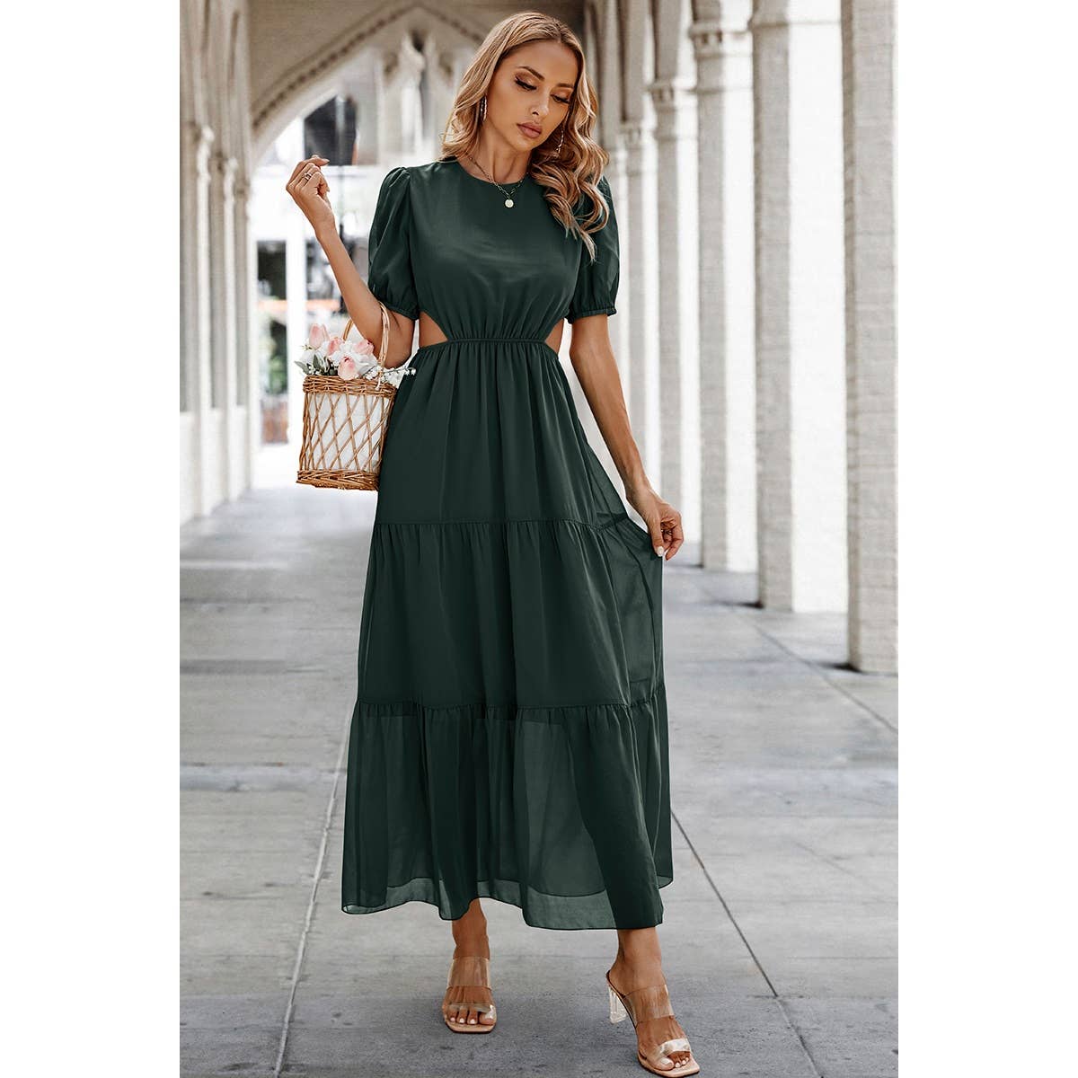 Cut Out Waist Ruffle Hem Puff Sleeves Fit Dress