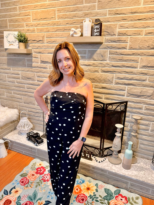 Polka Dot Strapless Wide Leg Jumpsuit