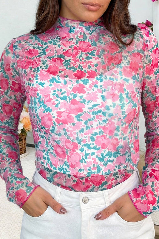 Slim Fit Floral Mesh Long Sleeve Mock Neck Top