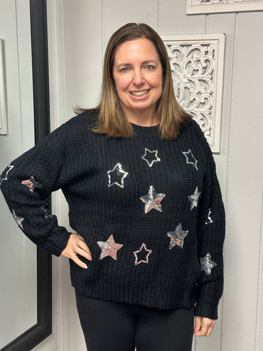 Drop Shoulder Sequins Star Sweater