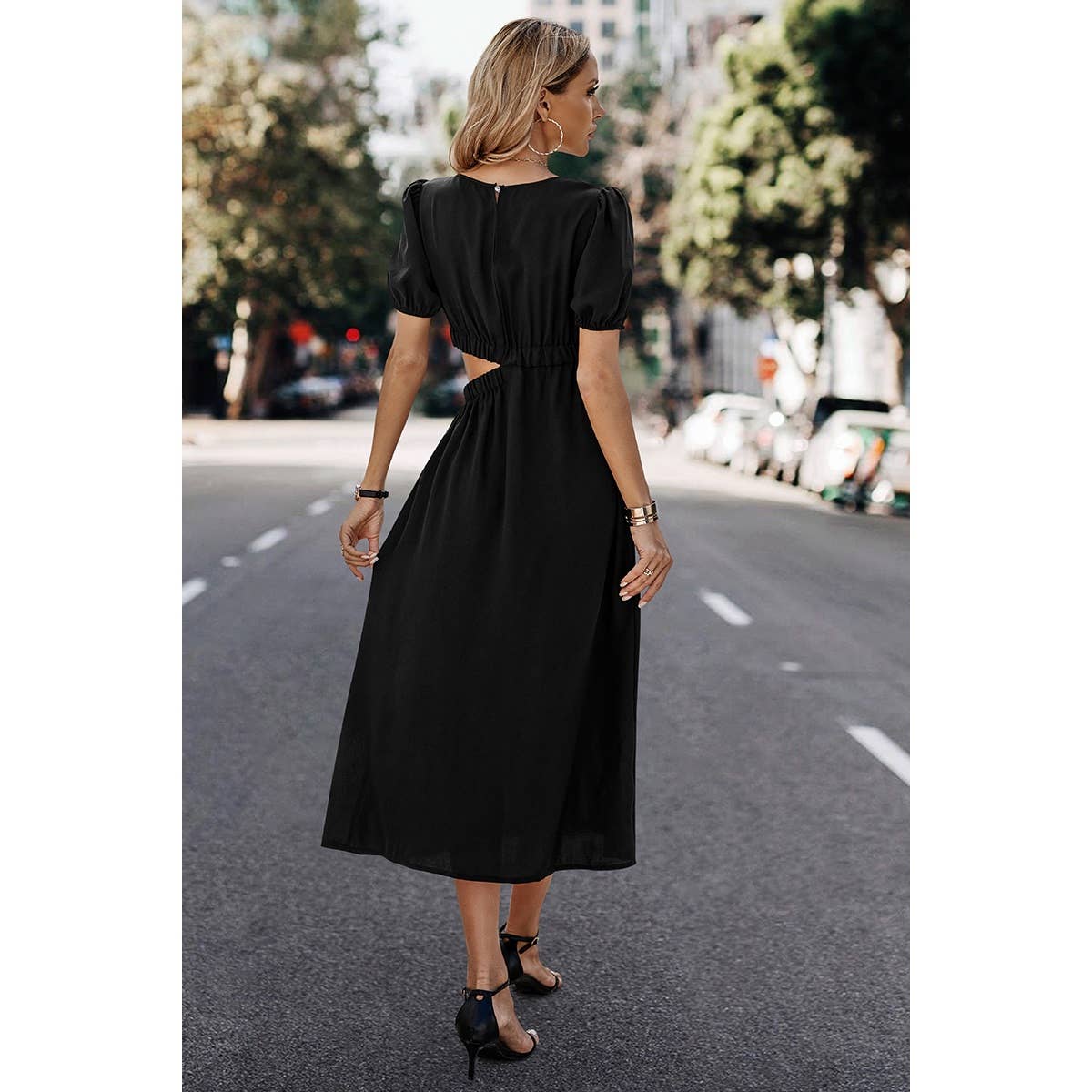 Solid Round Neck Cutout Waist A Line Midi Dress