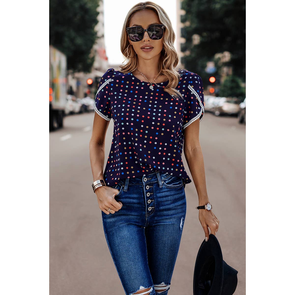 Round Neck Polka Dot Print Petal Sleeve Blouse