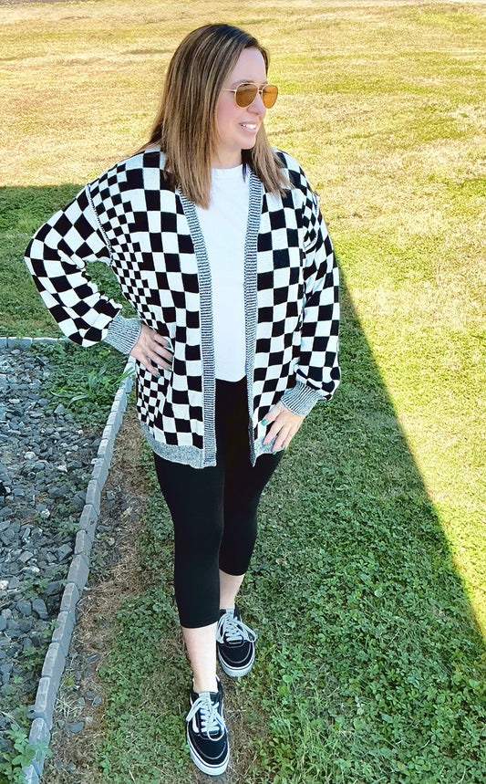 Checkered Open Front Drop Shoulder Cardigan