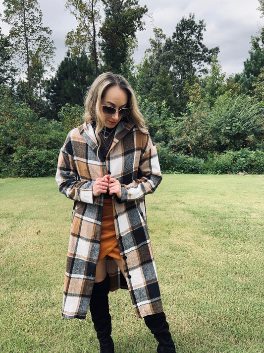 Plaid Print Button Down Lapel Collar Trendy Coat