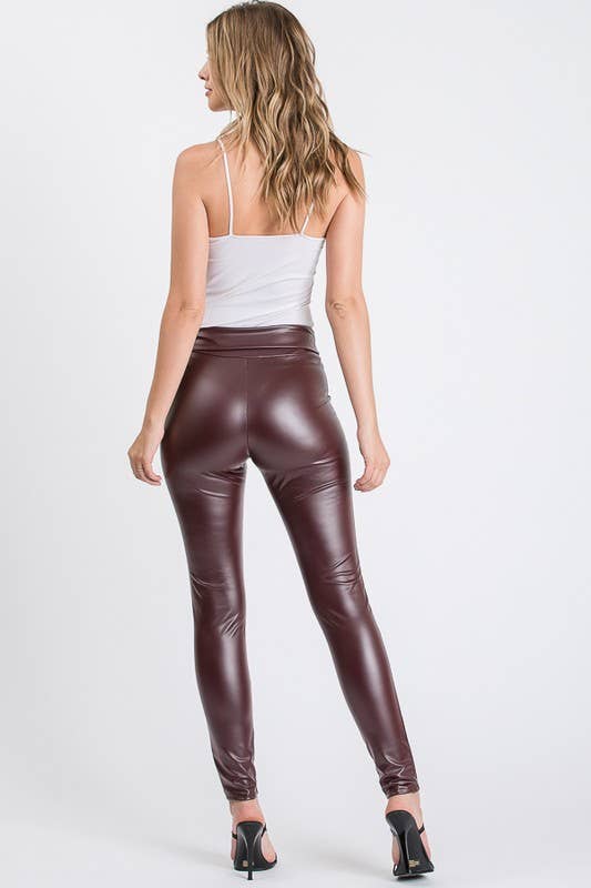Faux Leather Slim Fit Leggings in Burgundy