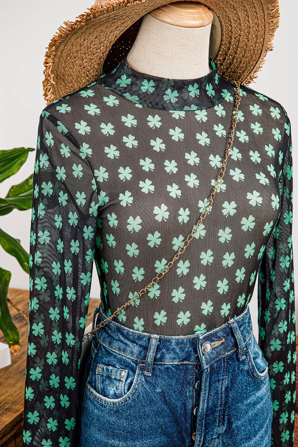 Fashion St Patrick Shamrock Long Sleeve Mesh Bodysuit