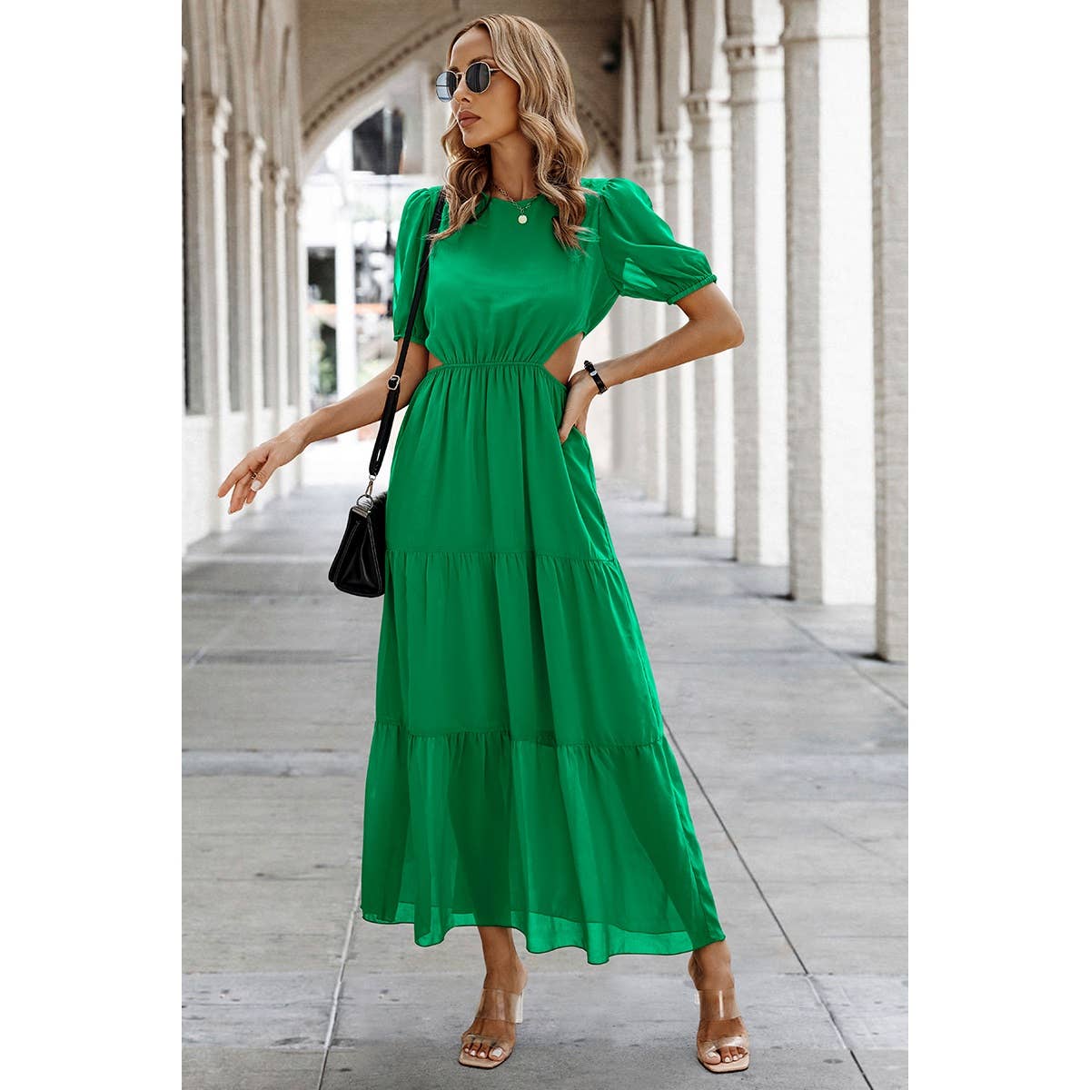 Cut Out Waist Ruffle Hem Puff Sleeves Fit Dress