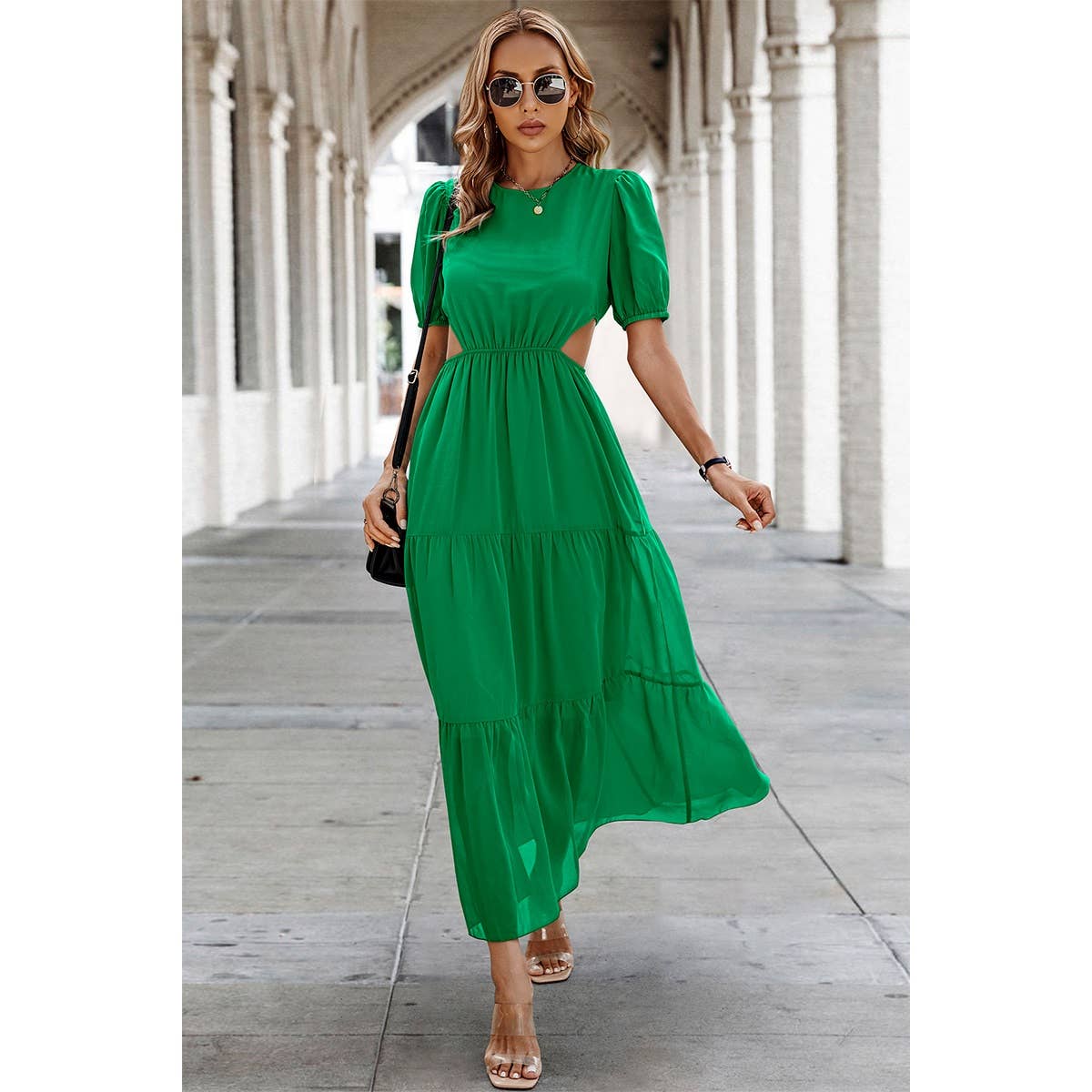Cut Out Waist Ruffle Hem Puff Sleeves Fit Dress