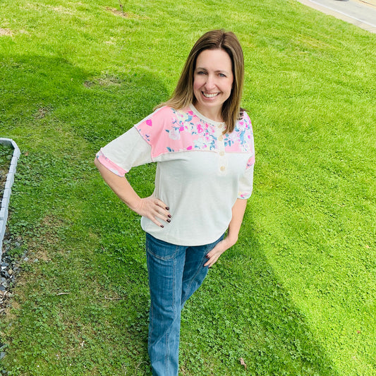 Half Sleeve Solid And Floral Top With Button