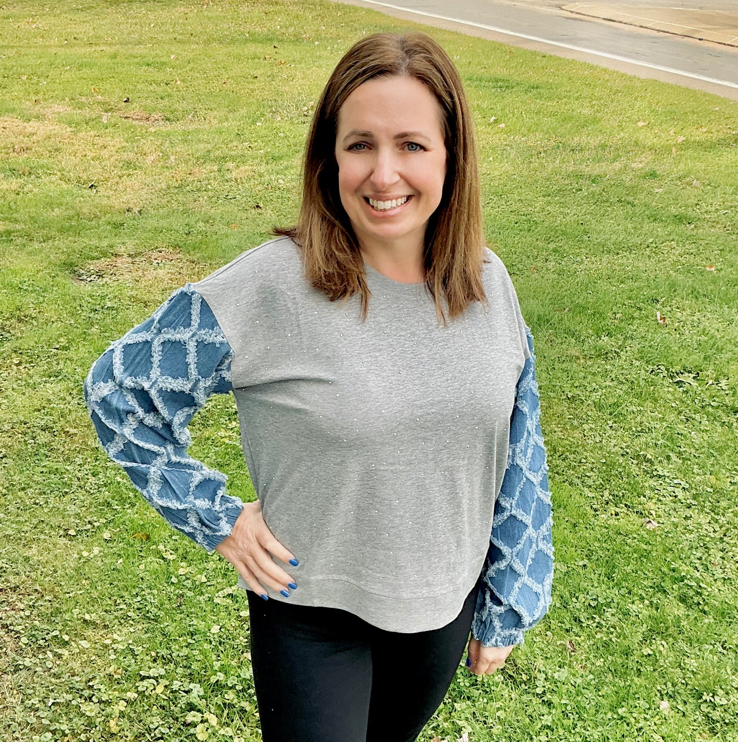 Lattice Textured Denim Long Sleeves Knit Top