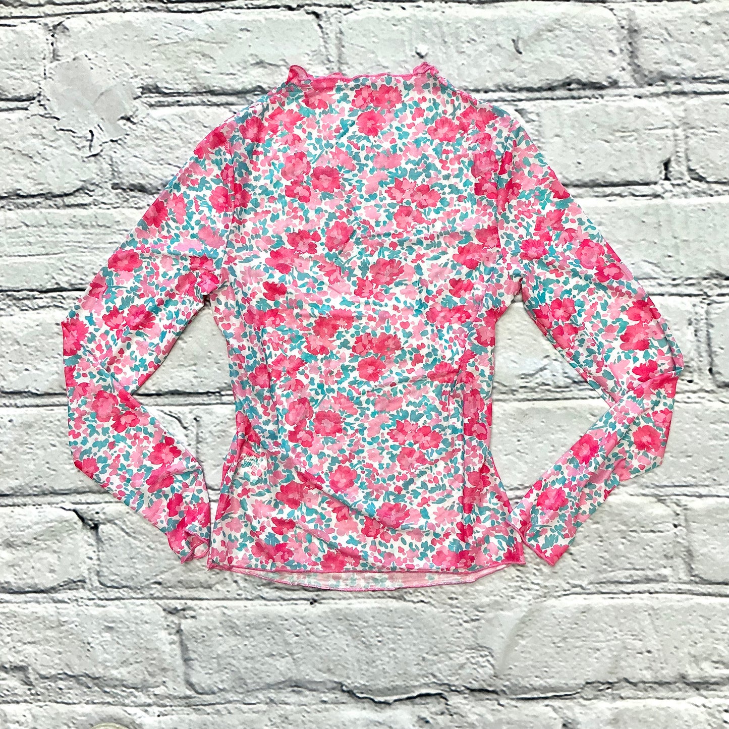 Slim Fit Floral Mesh Long Sleeve Mock Neck Top