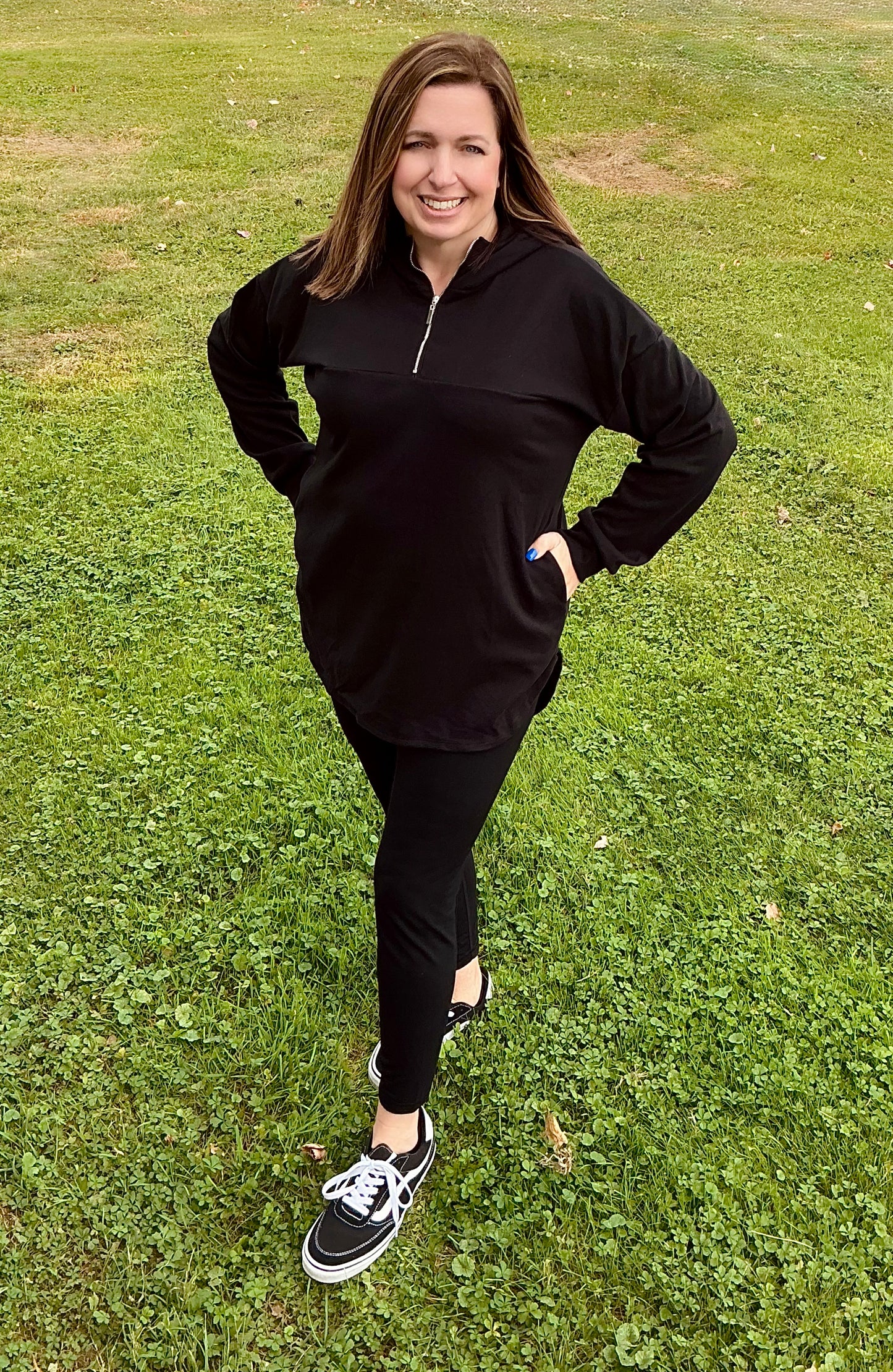 Long Puff Sleeve Solid Hoodie Top With Half Zip