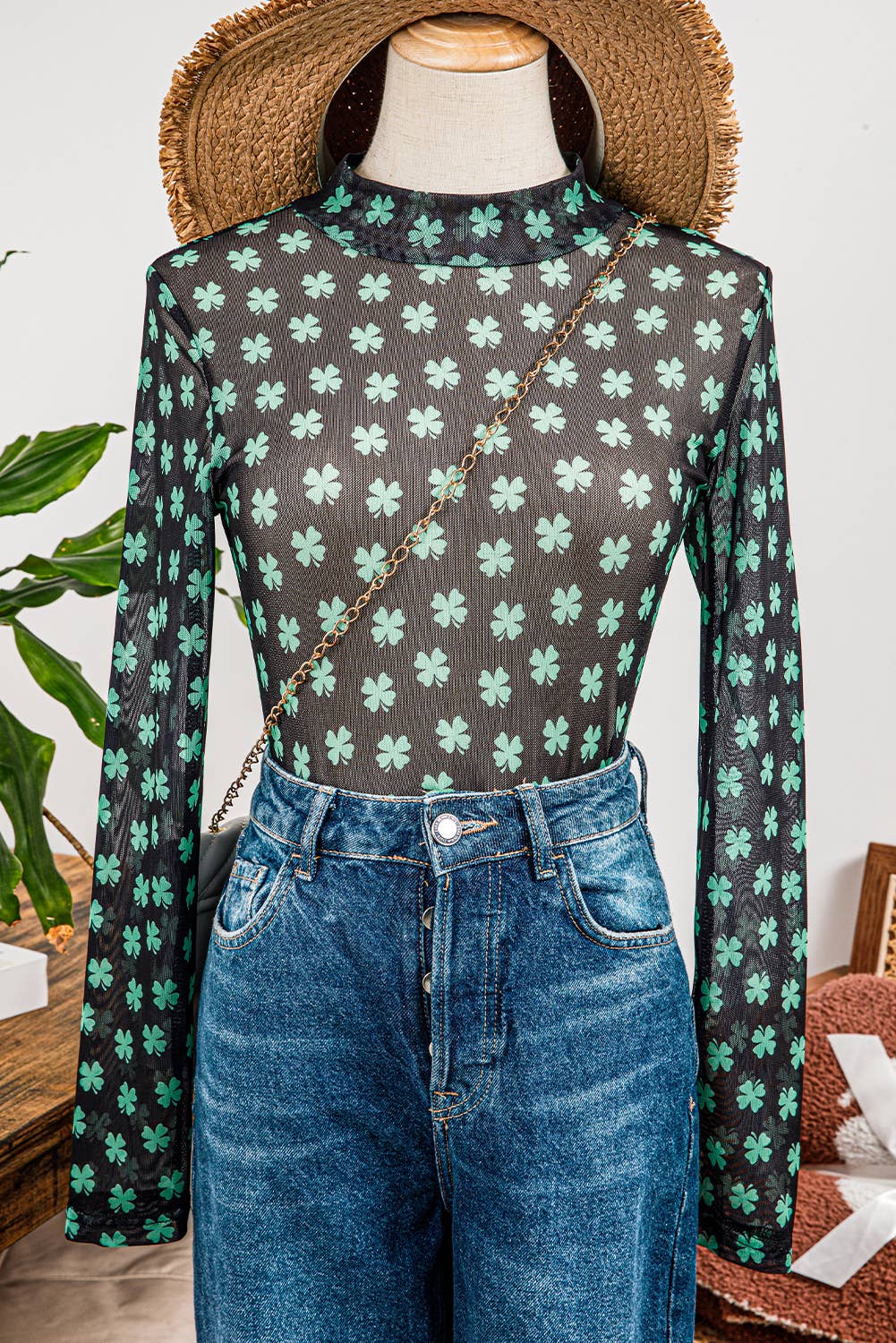 Fashion St Patrick Shamrock Long Sleeve Mesh Bodysuit