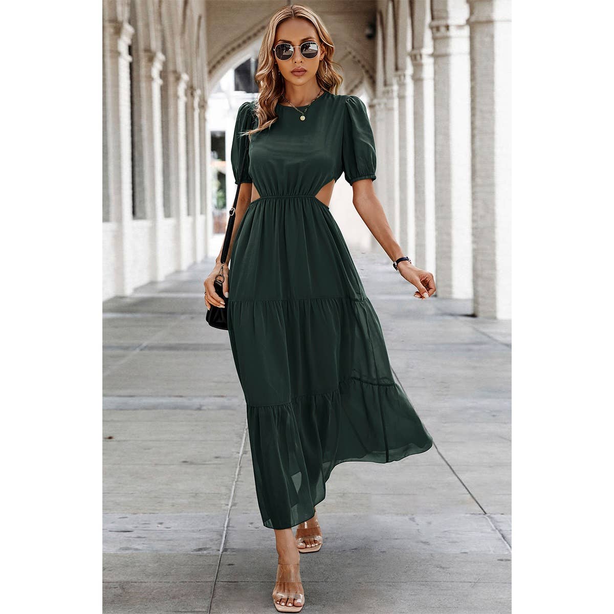 Cut Out Waist Ruffle Hem Puff Sleeves Fit Dress