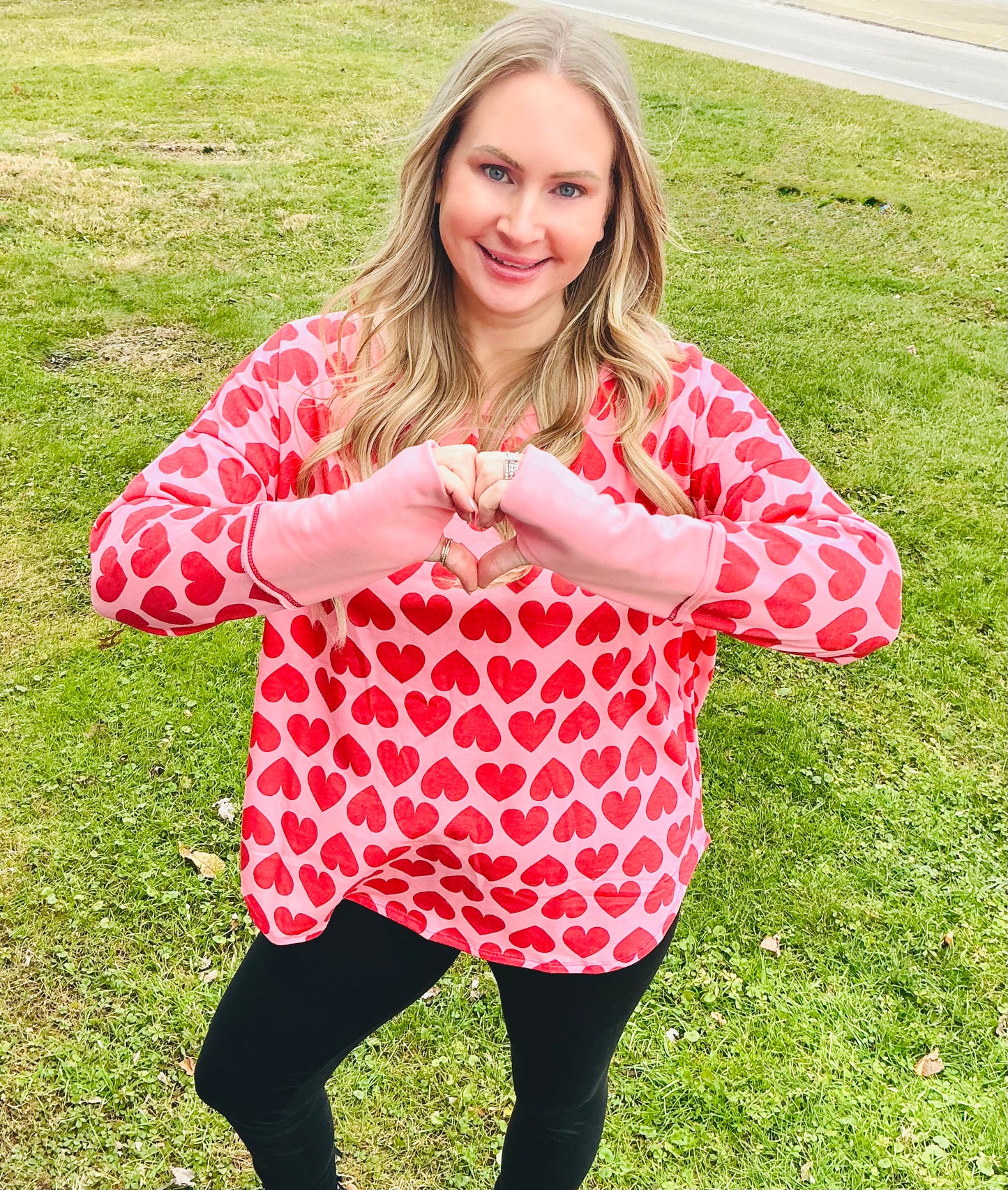 Heart Printed French Terry Knit Thumb Opening U Neck Top