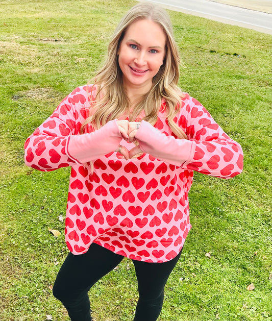 Heart Printed French Terry Knit Thumb Opening U Neck Top