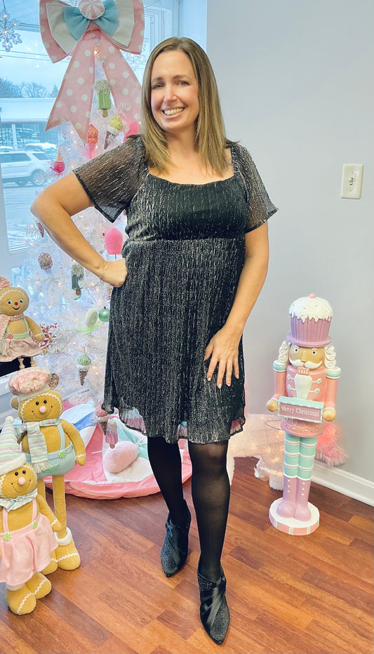 Short Sleeve Square Neck Textured Lurex Dress