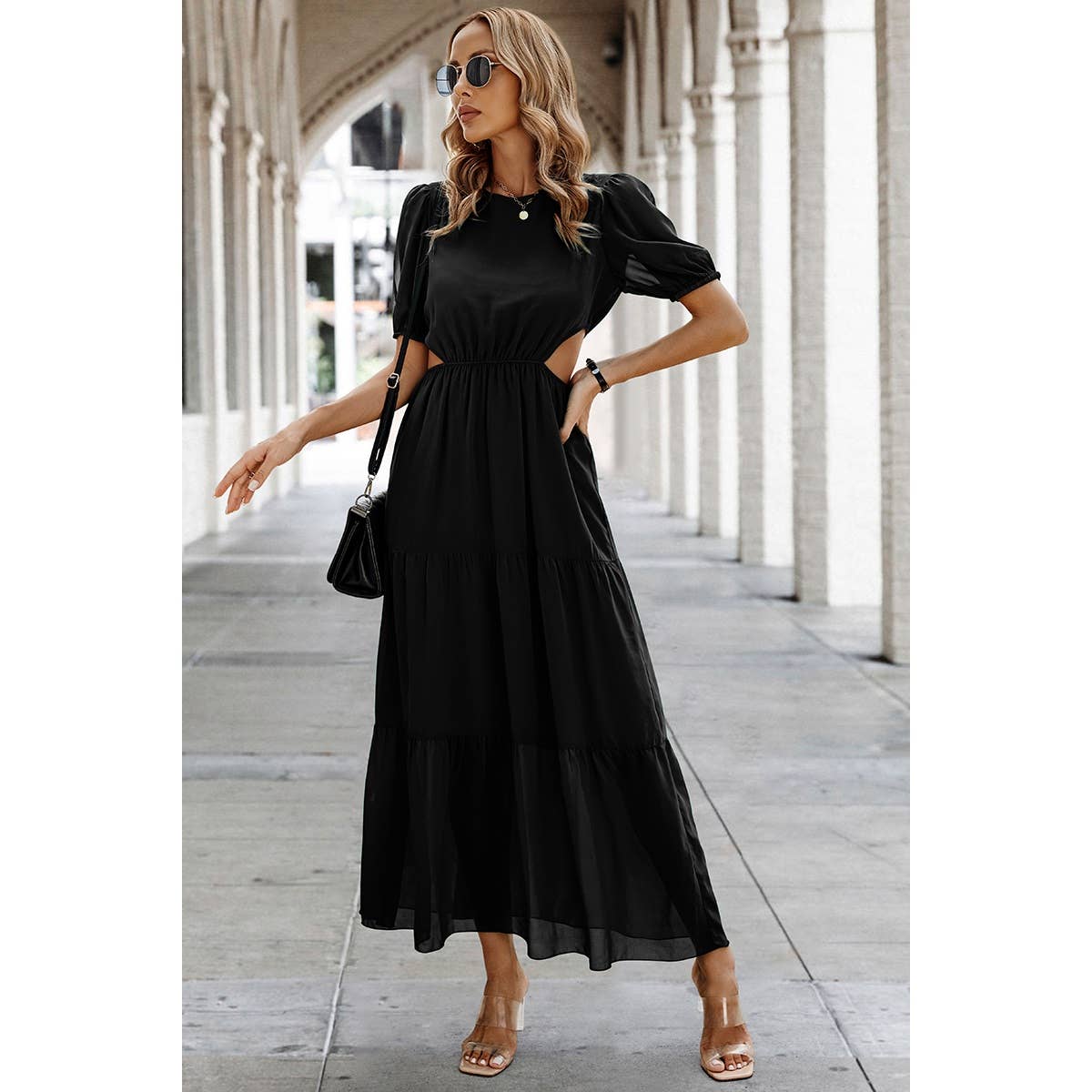 Cut Out Waist Ruffle Hem Puff Sleeves Fit Dress
