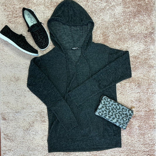 Solid and Ribbed Contrast Hooded Top