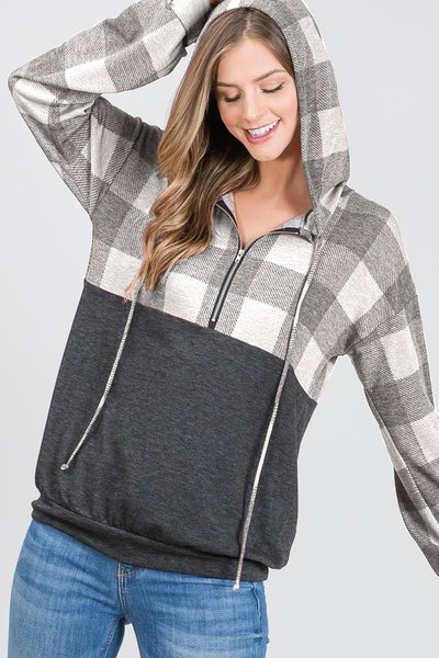 Drawstring Plaid and Solid Hoodie with Zipper