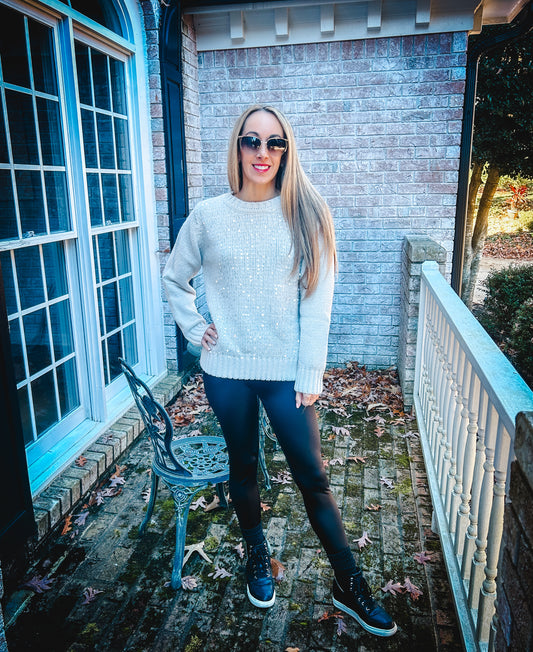 Relaxed Fit Crew Neck Sequin Sweater
