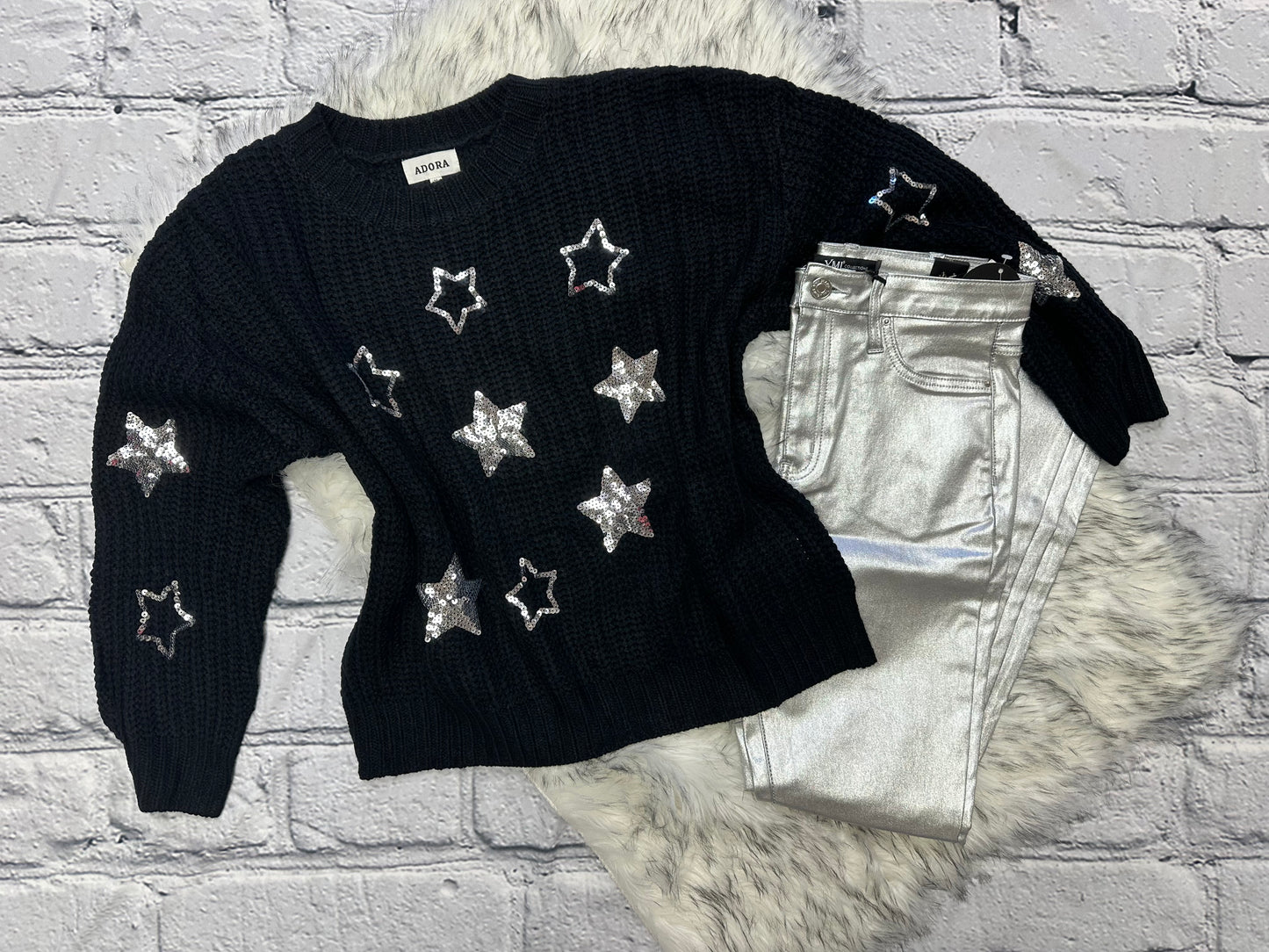 Drop Shoulder Sequins Star Sweater