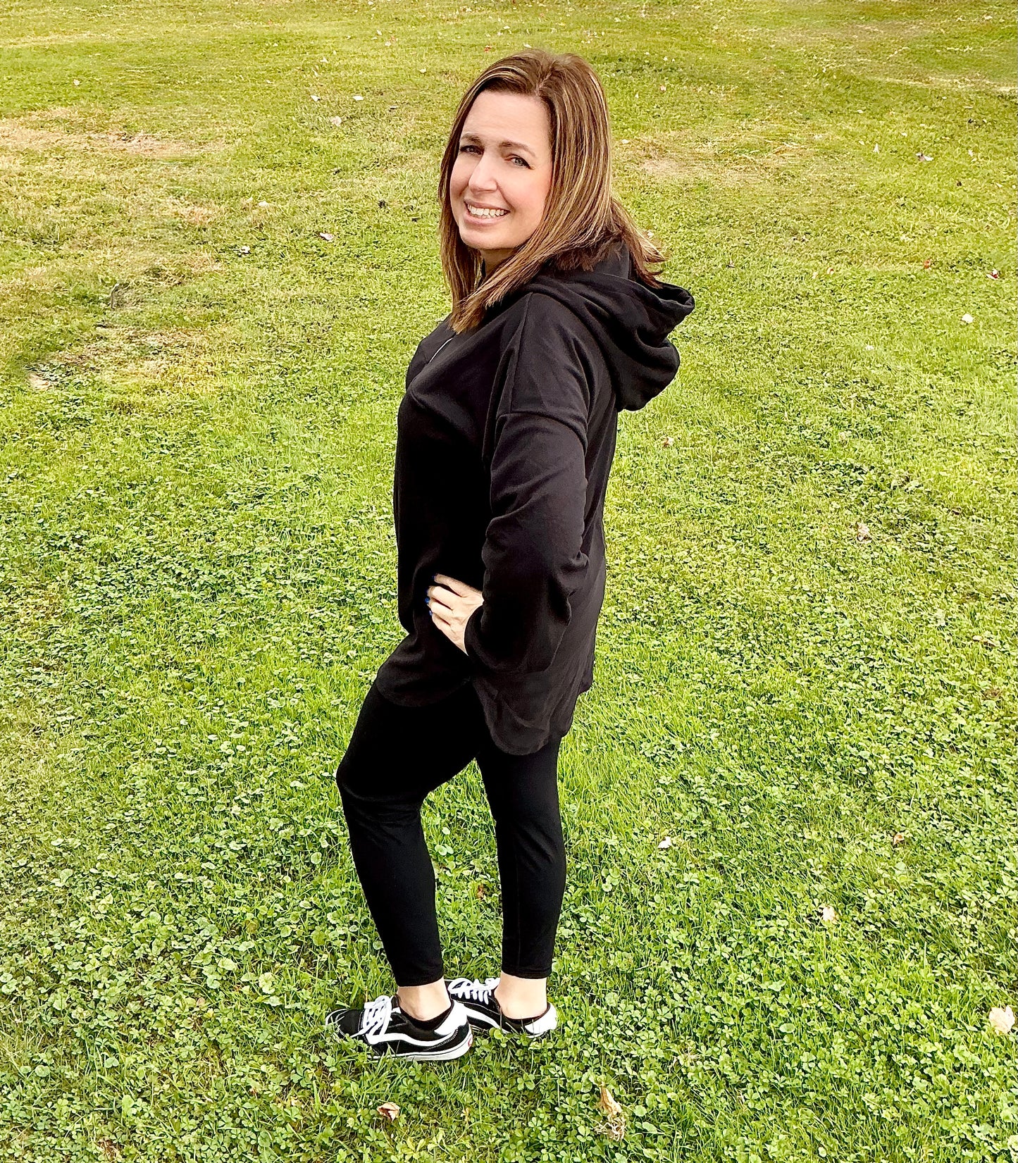 Long Puff Sleeve Solid Hoodie Top With Half Zip