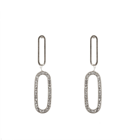 Worn Silver Oval Rhinestone 2" Earring
