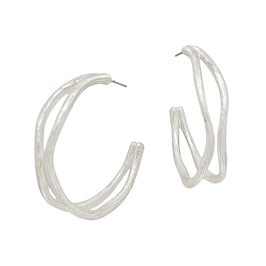 Worn Silver Waved 1.75" Hoop Earring