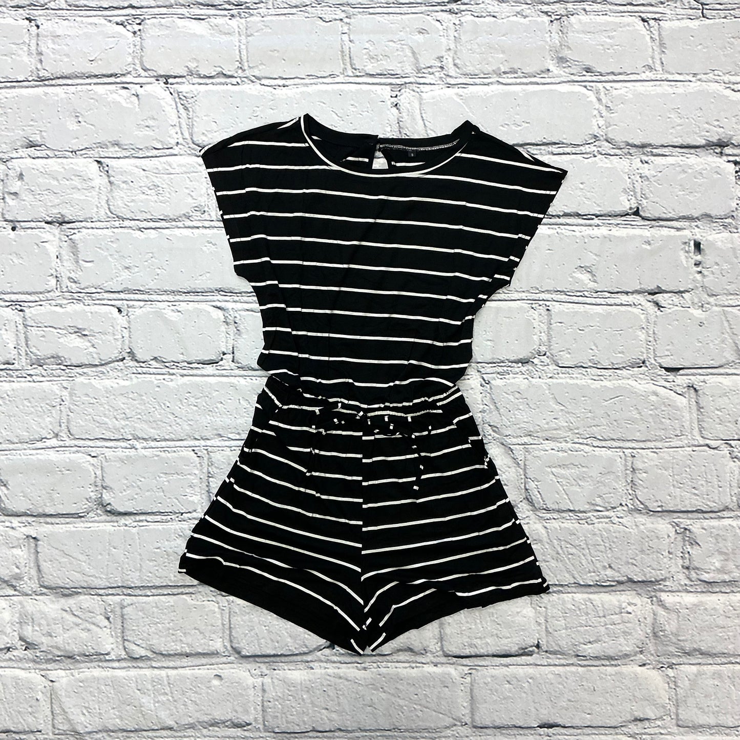 Striped Short Sleeve Drawstring Waist Romper