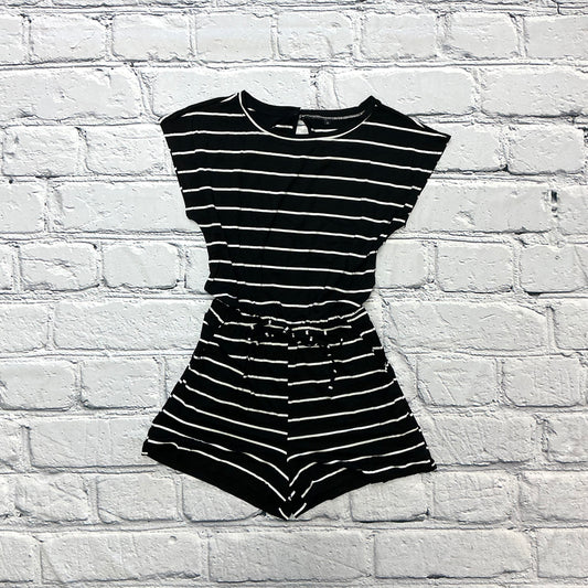 Striped Short Sleeve Drawstring Waist Romper