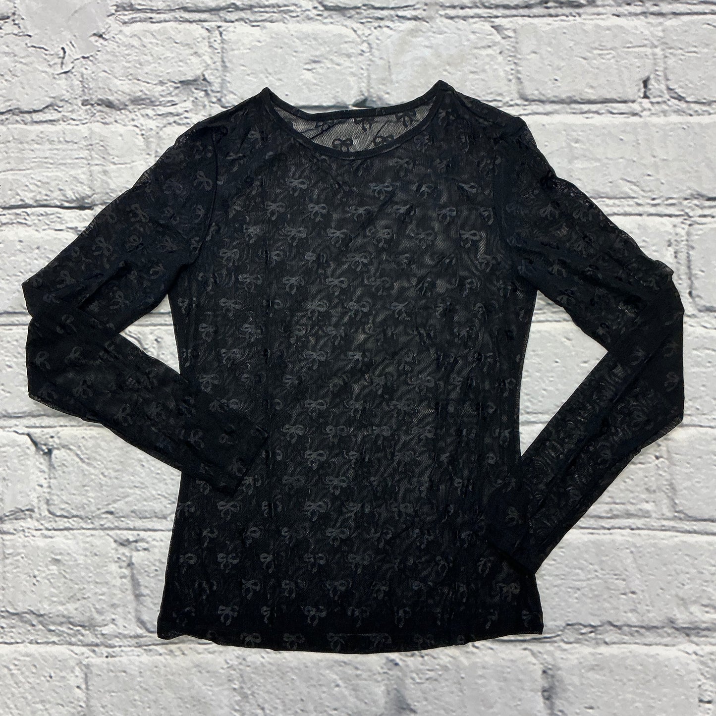 Black Mesh Bow Pattern Long Sleeve Top