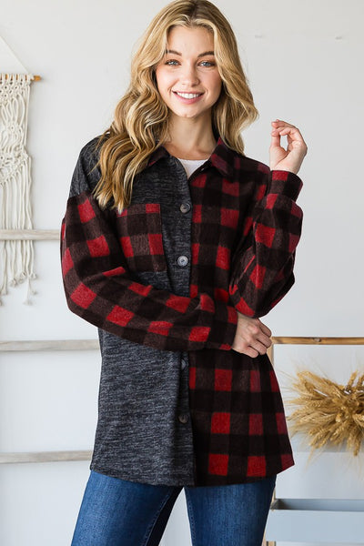 Solid and Plaid Shacket with Pocket