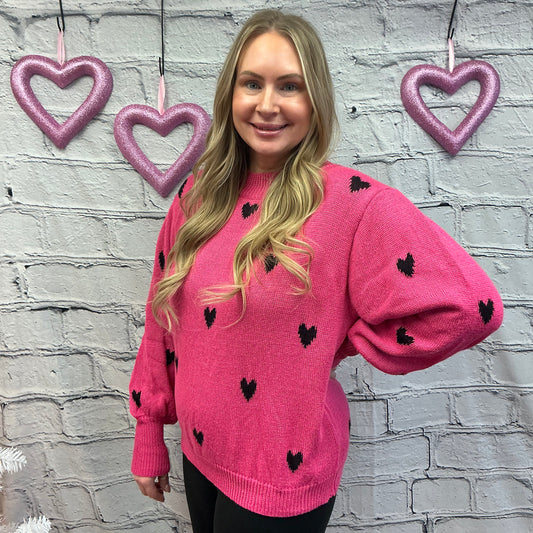 Heart Print Knit Round Neck Loose Fit Sweater