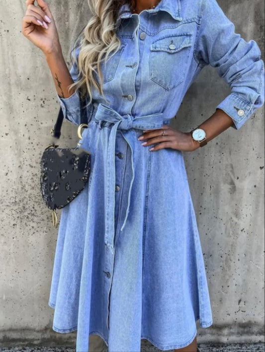 Full Size Tie Waist Button Front Denim Shirt Dress