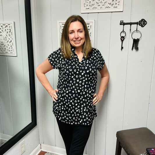 Black Animal Print Mandarin Collar Top