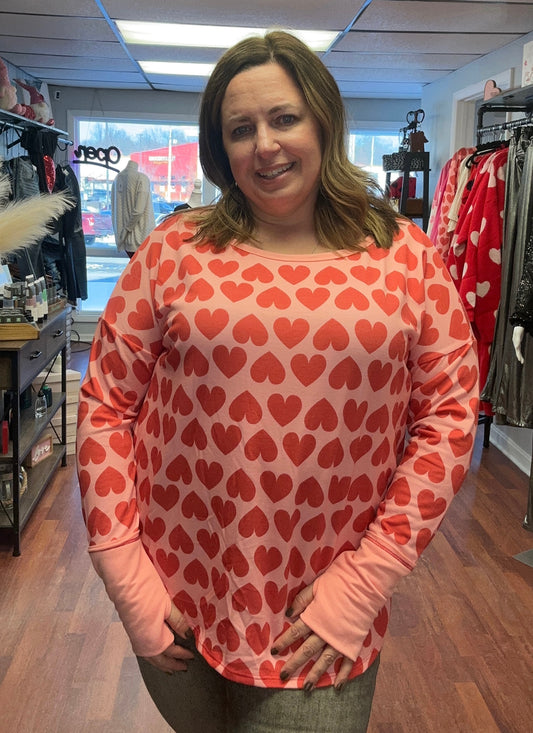 Heart Printed French Terry Knit Thumb Opening U Neck Top