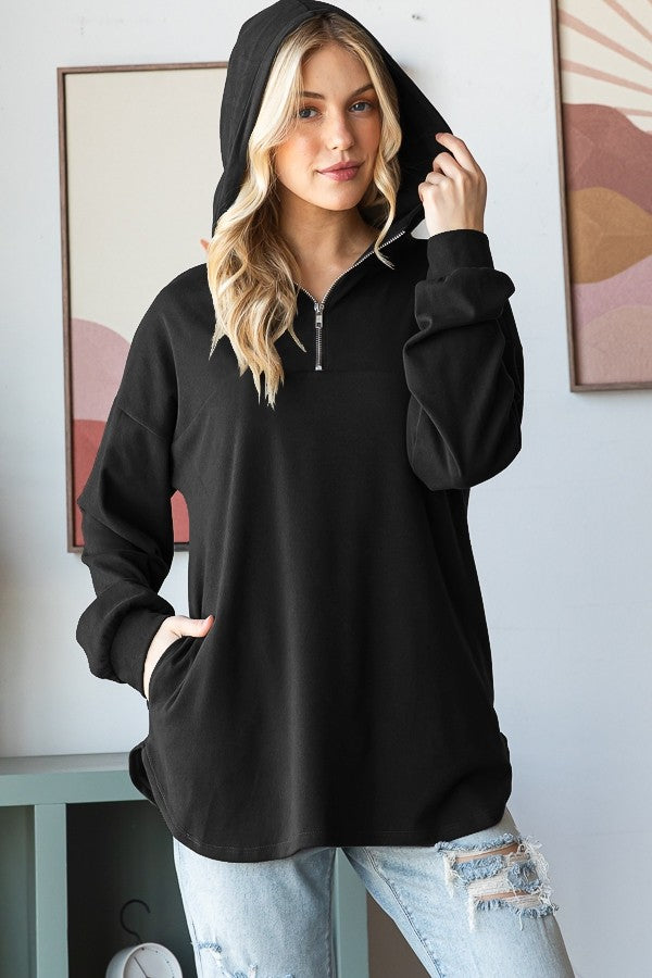 Long Puff Sleeve Solid Hoodie Top With Half Zip