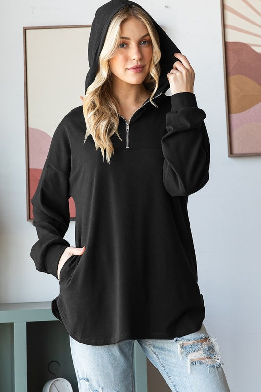 Long Puff Sleeve Solid Hoodie Top With Half Zip