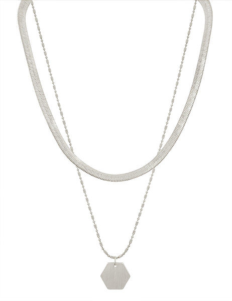 Matte Silver Snake Chain with Hexagon Layered 16"-18" Necklace
