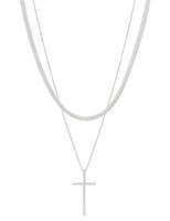 Matte Silver Snake Chain and Cross Layered 16"-18" Necklace