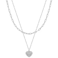 Silver Textured Heart with Chain Layered 16"-18" Necklace