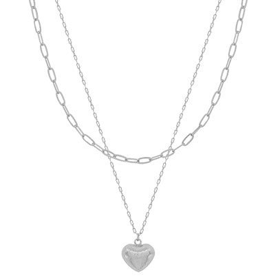 Silver Textured Heart with Chain Layered 16"-18" Necklace
