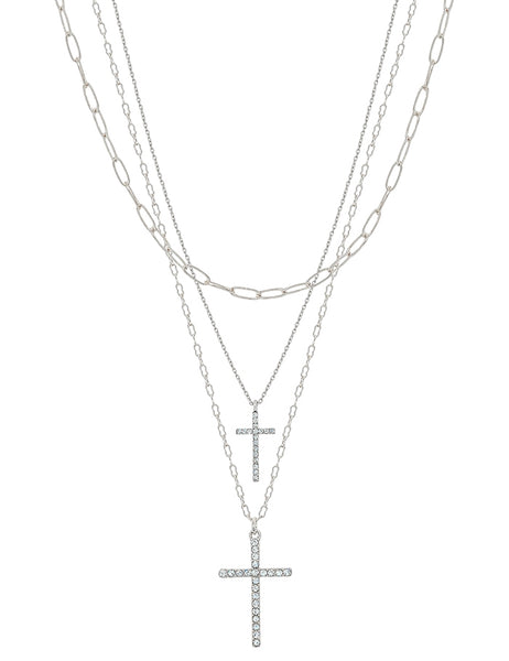 Silver Layered Rhinestone Double Cross 16" - 18" Necklace