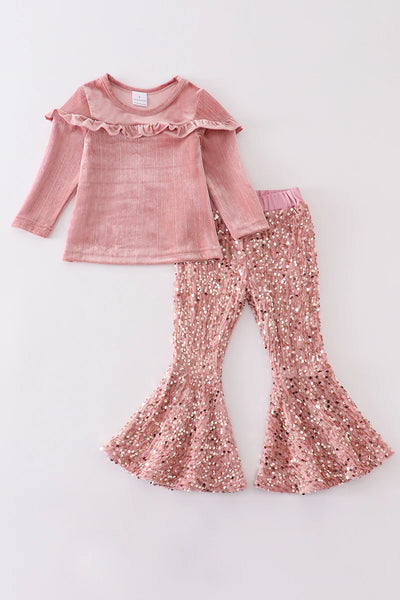 Pink Corduroy Sequin Bell Pant Set